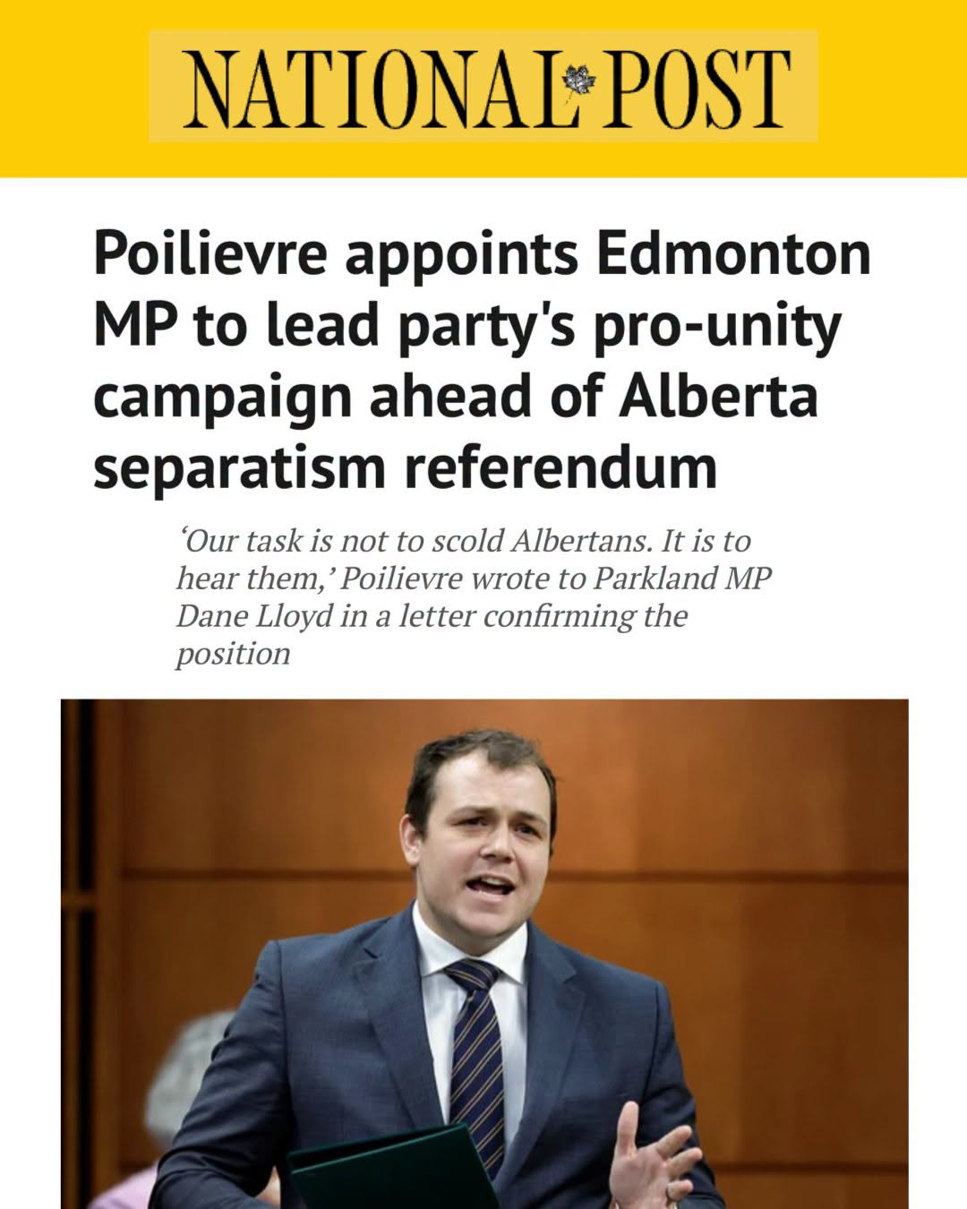 National Post — Poilievre appoints Dane Lloyd to lead pro-unity campaign